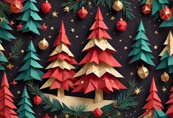 Festive Origami Christmas Trees and Decorations on a Dark Background - Generated by AI&rdquo;