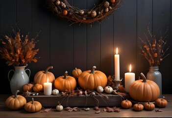 Autumnal Still Life with Pumpkins and Candles - Generated by AI