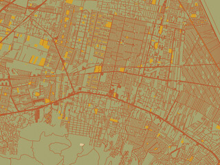 Obraz premium Decorative flat city map of Coacalco, Mexico using sage green ground with rust-red roads and ochre accents.