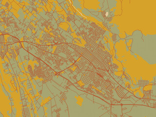 Decorative flat city map of Cordoba, Mexico using sage/olive tone field with rust networks and ochre shapes, cream water.
