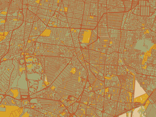 Obraz premium Abstract flat-design map of Coyoacan, Mexico, featuring earthy sage background with rust roadways and ochre details.