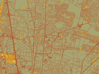 Poster-ready flat map of Cuautitlan, Mexico, sage green ground with rust-red roads and ochre accents.