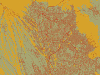 Vector-style flat map of Cuernavaca, Mexico with olive backdrop with warm rust street network and ochre blocks.
