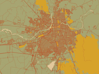Stylized minimalist map of Culiacan, Mexico in sage/olive tone field with rust networks and ochre shapes, cream water.