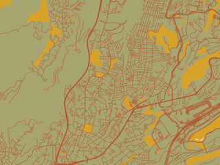 Graphic flat color map of Delegacion Cuajimalpa de Morelos, Mexico in olive backdrop with warm rust street network and ochre blocks.