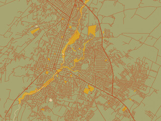 Abstract flat-design map of Cuautla, Mexico, featuring olive backdrop with warm rust street network and ochre blocks.