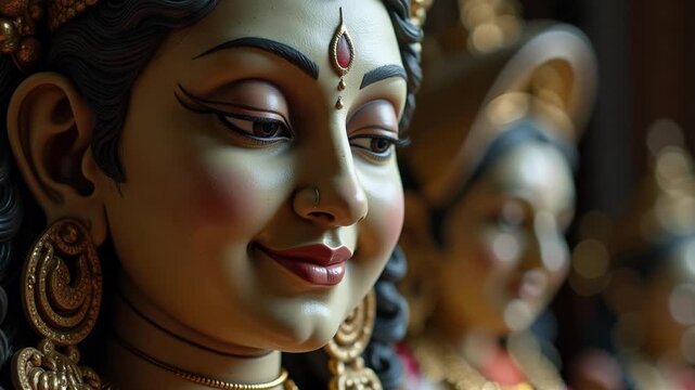 Serene close-up of Durga statue's compassionate smile, evoking peace and spiritual devotion. 4k video footage captures divine beauty.