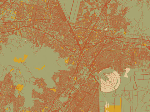 Contemporary flat map of Ecatepec de Morelos, Mexico design with sage green ground with rust-red roads and ochre accents.