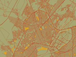 Stylized minimalist map of Gomez Palacio, Mexico in earthy sage background with rust roadways and ochre details.