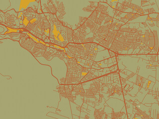 Graphic flat color map of Guadalupe, Mexico in earthy sage background with rust roadways and ochre details.