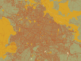 Flat painterly map of Guadalajara, Mexico in olive backdrop with warm rust street network and ochre blocks.