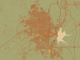 Vector-style flat map of Hermosillo, Mexico with muted sage base, rust-colored roads, and soft ochre highlights.