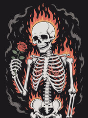 Flaming Skeleton with Rose Gothic Illustration