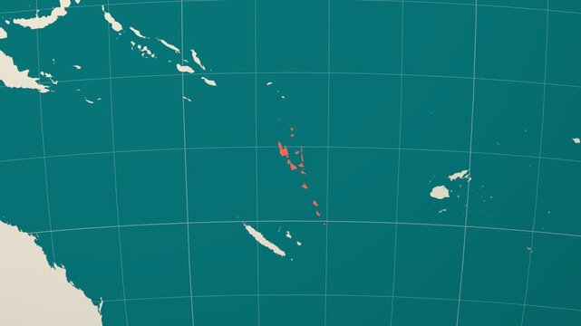 Vanuatu map. Animated zoom into the country on the Globe in Teal Pale Mint color palette. Country logo animation. Map with meridians, parallels. Awesome video.