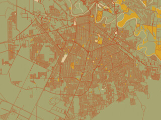 Decorative flat city map of Heroica Matamoros, Mexico using muted sage base, rust-colored roads, and soft ochre highlights.