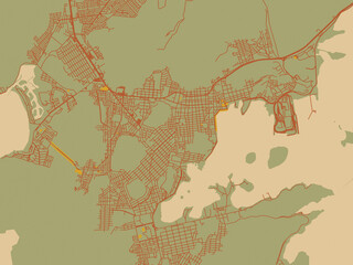 Fototapeta premium Graphic flat color map of Heroica Guaymas, Mexico in muted sage base, rust-colored roads, and soft ochre highlights.