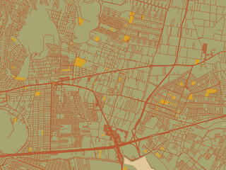 Abstract flat-design map of Ixtapaluca, Mexico, featuring earthy sage background with rust roadways and ochre details.