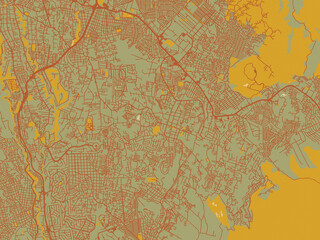 Stylized minimalist map of Jiutepec, Mexico in sage green ground with rust-red roads and ochre accents.