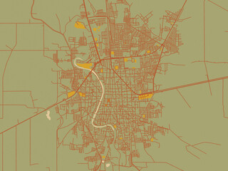 Graphic flat color map of Juchitan de Zaragoza, Mexico in sage green ground with rust-red roads and ochre accents.