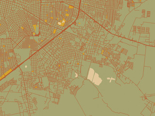 Vector-style flat map of Kanasin, Mexico with muted sage base, rust-colored roads, and soft ochre highlights.