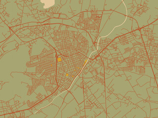 Obraz premium Graphic flat color map of Lagos de Moreno, Mexico in olive backdrop with warm rust street network and ochre blocks.