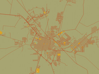 Contemporary flat map of Linares, Mexico design with earthy sage background with rust roadways and ochre details.