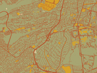 Contemporary flat map of Magdalena Contreras, Mexico design with sage/olive tone field with rust networks and ochre shapes, cream water.