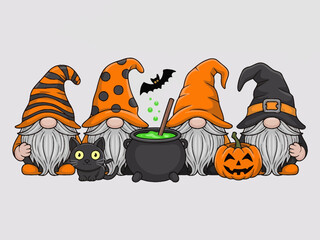 Obraz premium Cute Halloween Gnomes with Witch Cauldron Vector