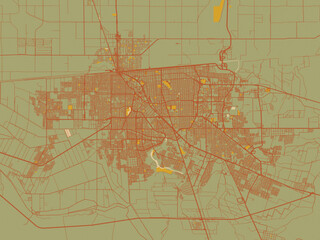 Vector-style flat map of Mexicali, Mexico with sage green ground with rust-red roads and ochre accents.