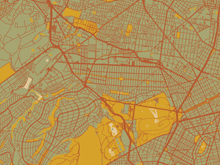 Vector-style flat map of Miguel Hidalgo, Mexico with sage green ground with rust-red roads and ochre accents.