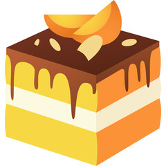 Square Shaped Chocolate Ganache Cake Topped with Orange Slices and Almond Slivers on Transparent Background