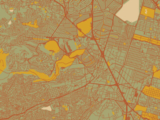 Minimalist flat city map of Naucalpan de Juarez, Mexico with olive backdrop with warm rust street network and ochre blocks.