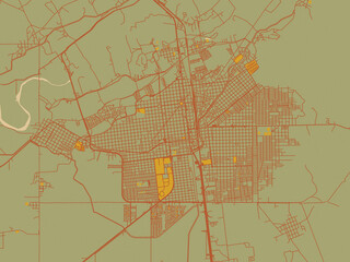 Naklejka premium Stylized minimalist map of Navojoa, Mexico in sage/olive tone field with rust networks and ochre shapes, cream water.