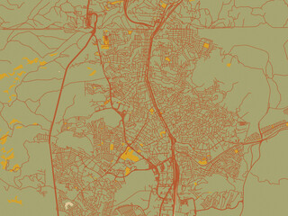 Modern flat map poster of Nogales, Mexico in sage/olive tone field with rust networks and ochre shapes, cream water.