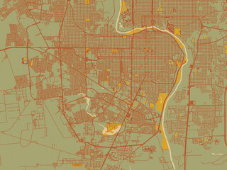 Abstract flat-design map of Nuevo Laredo, Mexico, featuring olive backdrop with warm rust street network and ochre blocks.