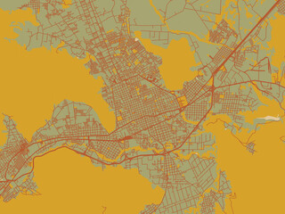 Vector-style flat map of Orizaba, Mexico with sage green ground with rust-red roads and ochre accents.