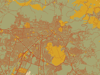 Contemporary flat map of Pachuca de Soto, Mexico design with olive backdrop with warm rust street network and ochre blocks.