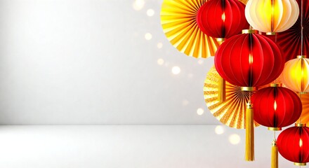 Obraz premium Festive Asian holiday celebration background with traditional hanging red and gold lanterns and decorative paper fans on a white wall with ample copy space for text