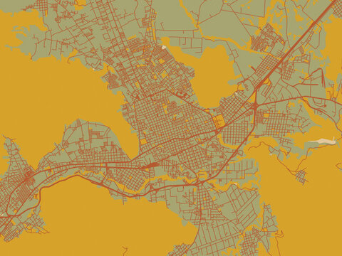 Vector-style flat map of Orizaba, Mexico with sage green ground with rust-red roads and ochre accents.