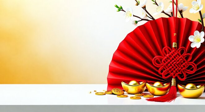 Chinese New Year decorations still life with red fan, gold ingots, coins, and blossoms on white and gold background. Symbolizing prosperity and good fortune for festive celebrations with copy space