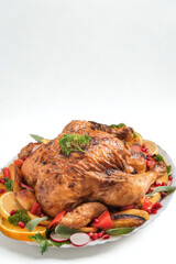 Golden roasted whole chicken served on a bed of colorful vegetables