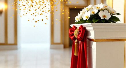 Elegant festival decoration for a grand opening, showcasing a photorealistic background of a luxurious hall with falling gold confetti and a classic pedestal adorned with a red ribbon and orchids
