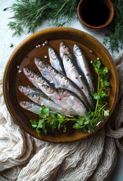 Freshly caught sardines arranged on a rustic wooden platter with herbs
