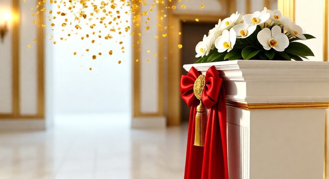 Elegant festival decoration for a grand opening, showcasing a photorealistic background of a luxurious hall with falling gold confetti and a classic pedestal adorned with a red ribbon and orchids