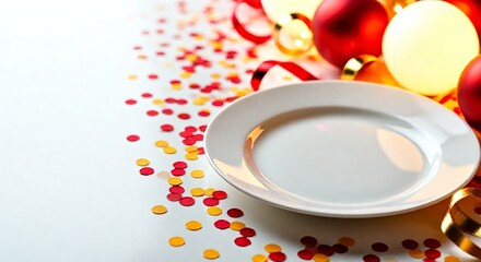 Festive celebration poster concept with a white serving plate and vibrant red and yellow decorations. This holiday table setting with baubles and confetti includes copy space for text