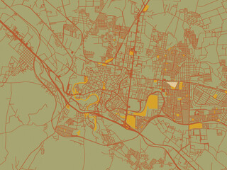 Abstract flat-design map of San Juan del Rio, Mexico, featuring earthy sage background with rust roadways and ochre details.