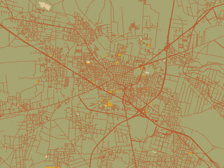 Fototapeta premium Decorative flat city map of San Martin Texmelucan de Labastida, Mexico using muted sage base, rust-colored roads, and soft ochre highlights.
