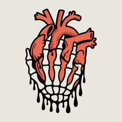 Skeleton Hand Holding Anatomical Heart Dripping