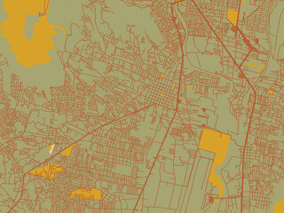 Fototapeta premium Decorative flat city map of Santa Cruz Xoxocotlan, Mexico using sage green ground with rust-red roads and ochre accents.