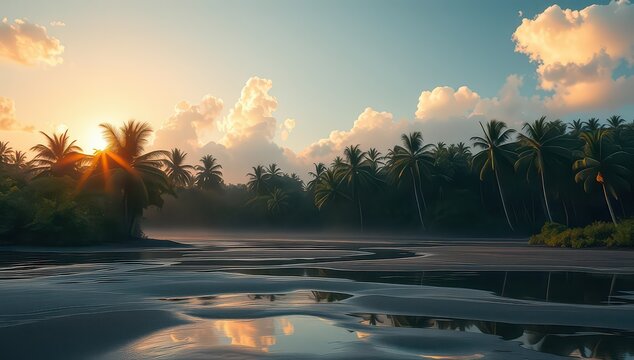 Serene tropical river scene with palm trees and a misty sunrise glow